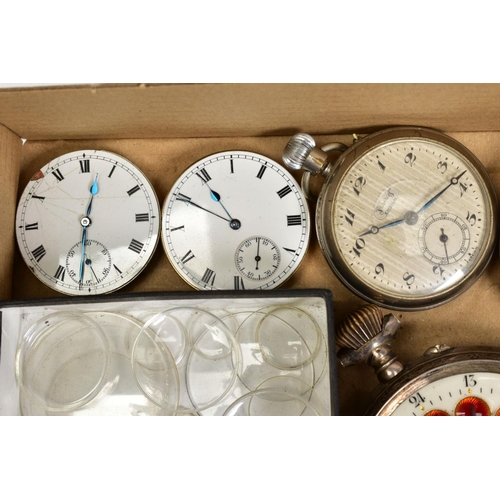 76 - A SELECTION OF POCKET WATCHES AND WATCH GLASSES, to include an Elgin pocket watch movement, a large ... 