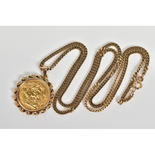 78 - A 9CT GOLD SOVEREIGN NECKLACE, the Edward VII dated 1909, sovereign mounted within a rope twist surr... 