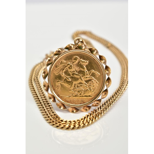 78 - A 9CT GOLD SOVEREIGN NECKLACE, the Edward VII dated 1909, sovereign mounted within a rope twist surr... 