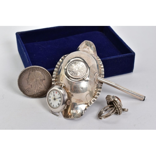 85 - A SELECTION OF ITEMS, to include an 1894 Victoria coin, a white metal serving spoon inset with Georg... 