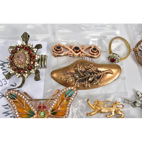 88 - A SELECTION OF COSTUME JEWELLERY, to include a yellow, green enamel brooch in the form of a butterfl... 