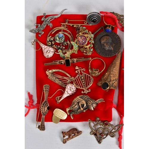 90 - A SELECTION OF ITEMS, to include three red velvet bags filled with costume jewellery such as brooche... 