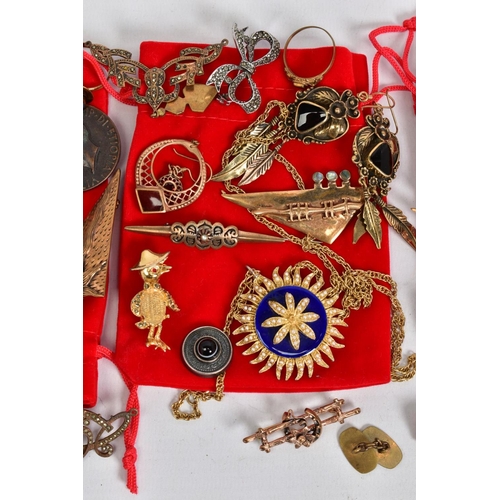 90 - A SELECTION OF ITEMS, to include three red velvet bags filled with costume jewellery such as brooche... 