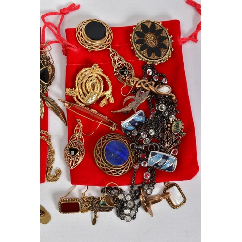 90 - A SELECTION OF ITEMS, to include three red velvet bags filled with costume jewellery such as brooche... 