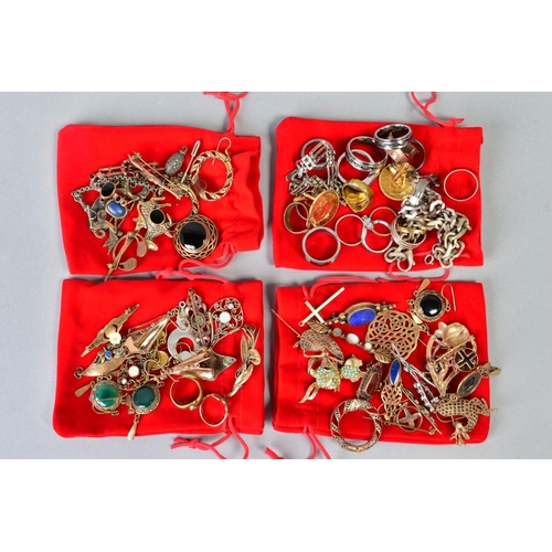 94 - A SELECTION OF ITEMS, to include four red velvet pull strings bags filled with costume jewellery suc... 