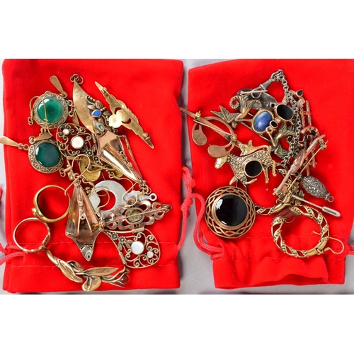 94 - A SELECTION OF ITEMS, to include four red velvet pull strings bags filled with costume jewellery suc... 