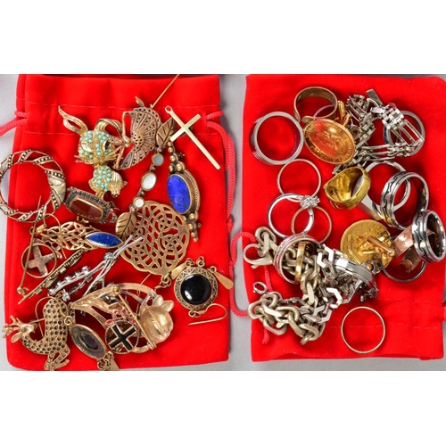 94 - A SELECTION OF ITEMS, to include four red velvet pull strings bags filled with costume jewellery suc... 