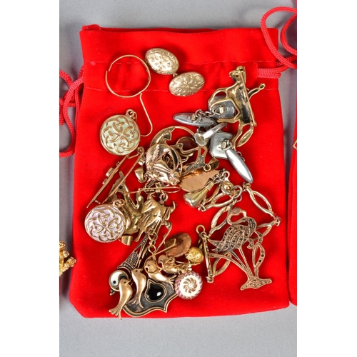 95 - A SELECTION OF ITEMS, to include three red velvet pull string bags filled with various costume jewel... 