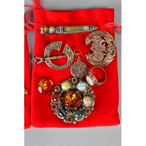 95 - A SELECTION OF ITEMS, to include three red velvet pull string bags filled with various costume jewel... 