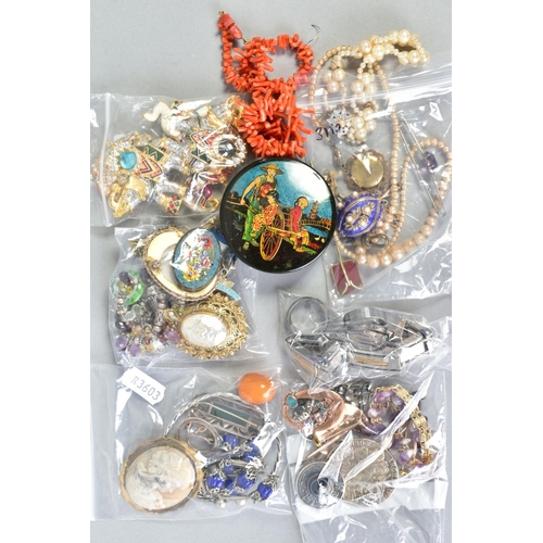 97 - A SELECTION OF COSTUME JEWELLERY, to include brooches of various designs such as Elephants, cameos, ... 