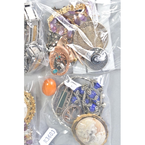 97 - A SELECTION OF COSTUME JEWELLERY, to include brooches of various designs such as Elephants, cameos, ... 