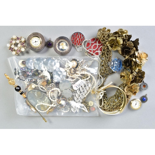 98 - A SELECTION OF ITEMS, to include a large flower and butterfly necklace, a base metal and plastic bea... 