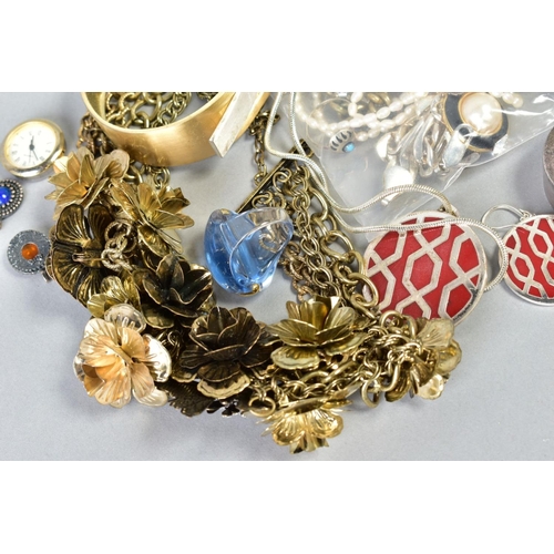 98 - A SELECTION OF ITEMS, to include a large flower and butterfly necklace, a base metal and plastic bea... 