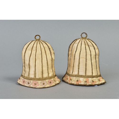 223A - A PAIR OF 19TH CENTURY (POSSIBLY LATE GEORGIAN SILK EGG COSIES OF BELL FORM, embroidered with gold t... 