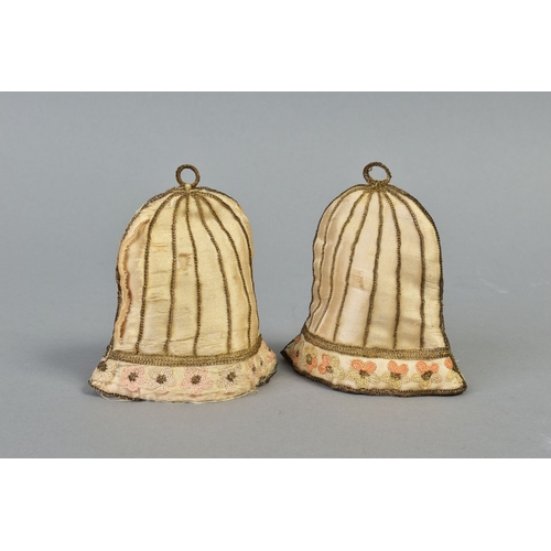 223A - A PAIR OF 19TH CENTURY (POSSIBLY LATE GEORGIAN SILK EGG COSIES OF BELL FORM, embroidered with gold t... 