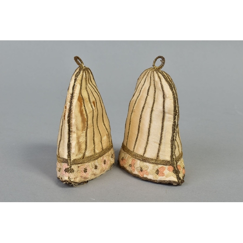 223A - A PAIR OF 19TH CENTURY (POSSIBLY LATE GEORGIAN SILK EGG COSIES OF BELL FORM, embroidered with gold t... 