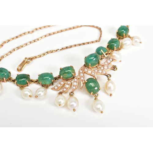 2 - AN EMERALD AND PEARL FRINGE NECKLET, oval cabochon cut emeralds measuring approximately 9mm x 6mm to... 