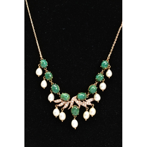 2 - AN EMERALD AND PEARL FRINGE NECKLET, oval cabochon cut emeralds measuring approximately 9mm x 6mm to... 