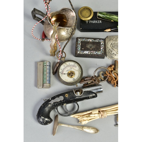 100 - A BOX OF ITEMS, to include a silver bladed fruit knife, with a mother of pearl handle and Birmingham... 