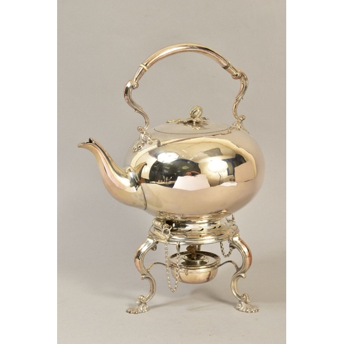 102 - A VICTORIAN SILVER PLATED SPIRIT KETTLE ON STAND, fixed handle with ivory insulators (sd) melon fini... 