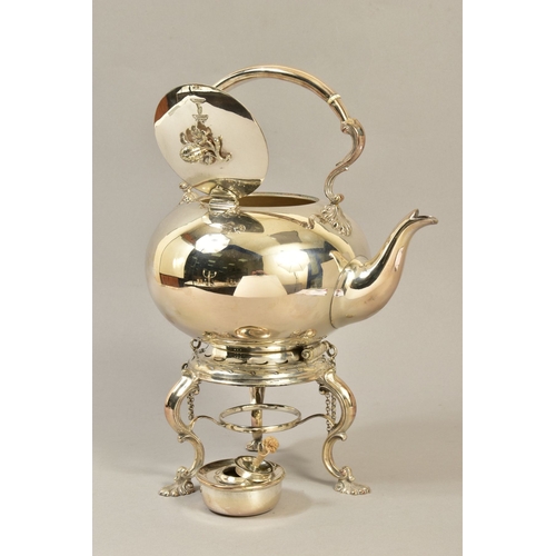 102 - A VICTORIAN SILVER PLATED SPIRIT KETTLE ON STAND, fixed handle with ivory insulators (sd) melon fini... 