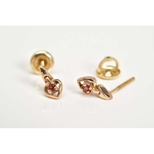 40 - A PAIR OF SMALL GARNET HEART DROP EARRINGS, fitted to a screw post and scroll fitting, stamped '18k'... 