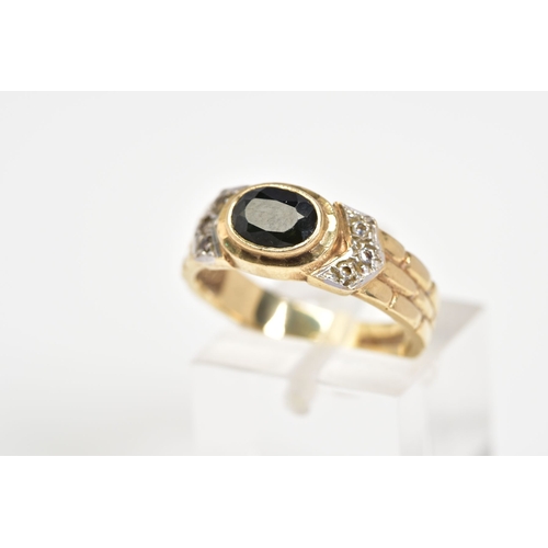 43 - A 9CT GOLD SAPPHIRE AND DIAMOND RING, designed with a central oval cut sapphire within a collet moun... 