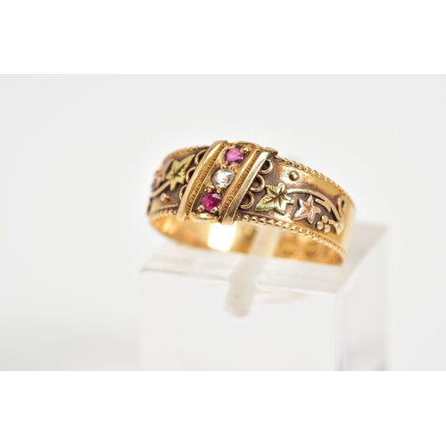 44 - AN 18CT GOLD VICTORIAN RING, set with a diagonal row of two circular cut rubies interspaced by a sin... 