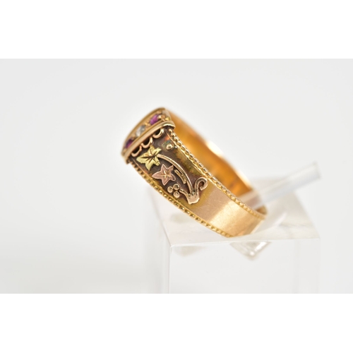 44 - AN 18CT GOLD VICTORIAN RING, set with a diagonal row of two circular cut rubies interspaced by a sin... 