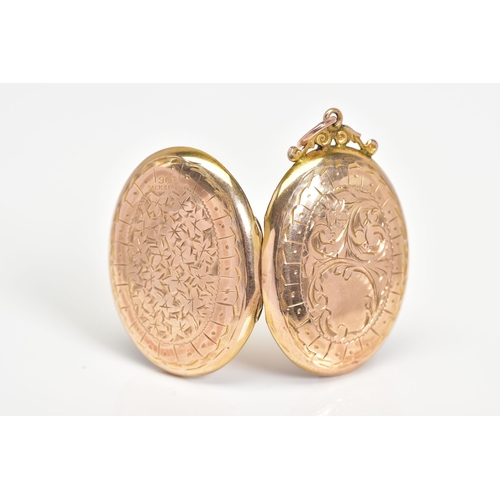 47 - AN OVAL ENGRAVED LOCKET, a hinged locket with a 9ct gold back and front, featuring floral engravemen... 