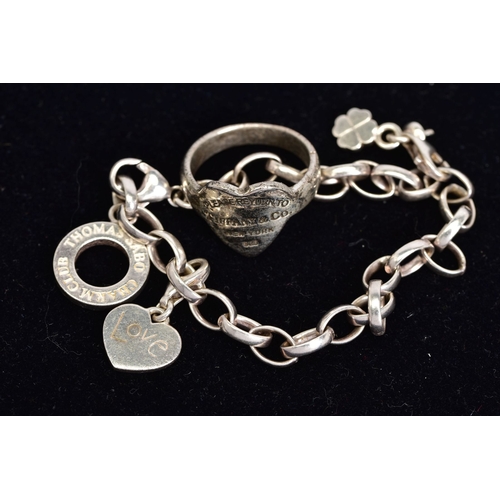 59 - A THOMAS SABO BRACELET TOGETHER WITH A SILVER HEART SHAPED RING, the Thomas Sabo charm bracelet with... 