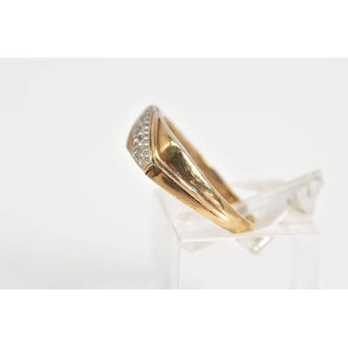 67 - A 9CT GOLD DIAMOND RING, designed as a rectangle panel set with a diagonal row of single cut diamond... 