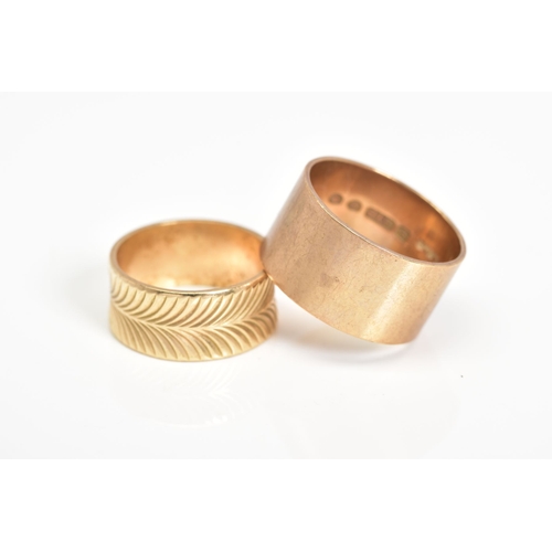 74 - TWO 9CT GOLD WIDE BAND RINGS, the first a plain polished band, with a 9ct hallmark for London, ring ... 