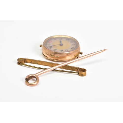 78 - A WATCH AND TWO BROOCHES, the Swiss made watch movement of circular design with a gold and cream dia... 