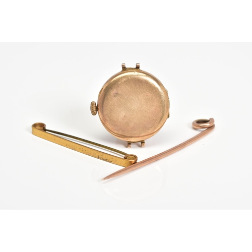 78 - A WATCH AND TWO BROOCHES, the Swiss made watch movement of circular design with a gold and cream dia... 