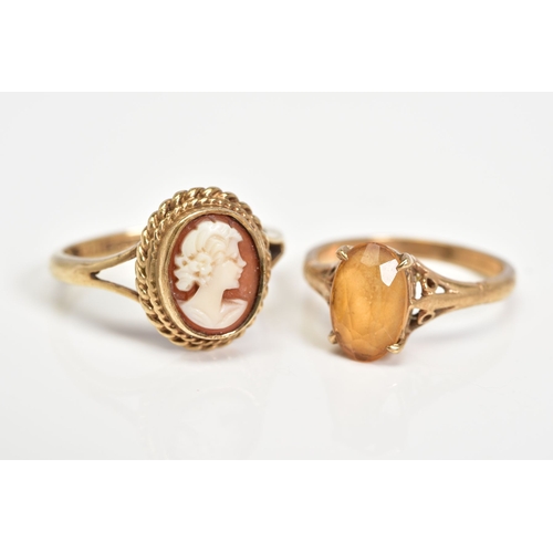 80 - TWO RINGS, the first of an oval cameo design depicting a lady in profile with rope twist surround, t... 