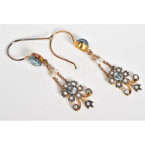 84 - A PAIR OF SILVER GILT PENDANT EARRINGS, each drop earring features a circular aquamarine cabochon su... 