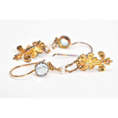 84 - A PAIR OF SILVER GILT PENDANT EARRINGS, each drop earring features a circular aquamarine cabochon su... 