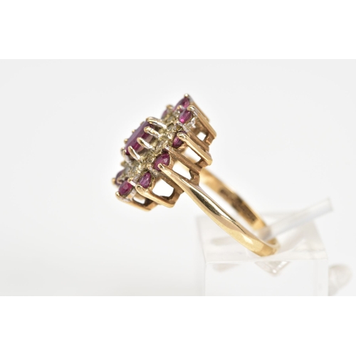 89 - A 9CT GOLD CLUSTER RING, designed with a central oval cut garnet and single cut diamond and circular... 