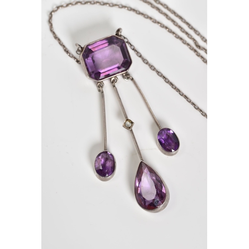 90 - AN AMETHYST SET PENDANT NECKLACE, pendant designed with a cushion cut amethyst which suspends three ... 