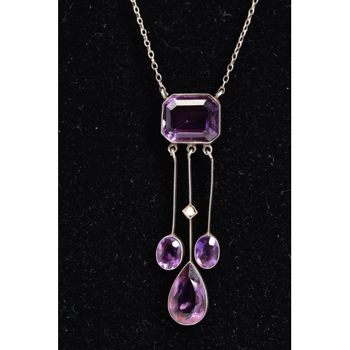 90 - AN AMETHYST SET PENDANT NECKLACE, pendant designed with a cushion cut amethyst which suspends three ... 