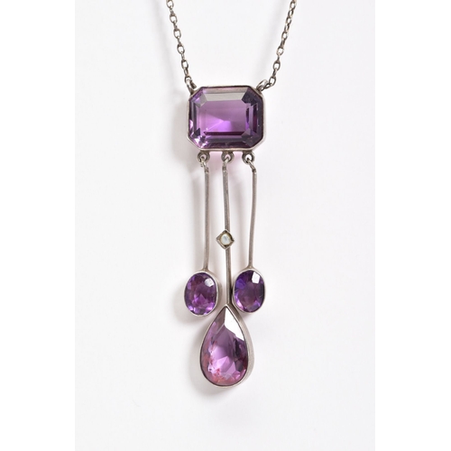 90 - AN AMETHYST SET PENDANT NECKLACE, pendant designed with a cushion cut amethyst which suspends three ... 