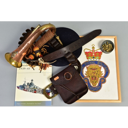 99 - A SELECTION OF ITEMS, to include a brass military bugle with blue, orange and yellow tassels, a croc... 