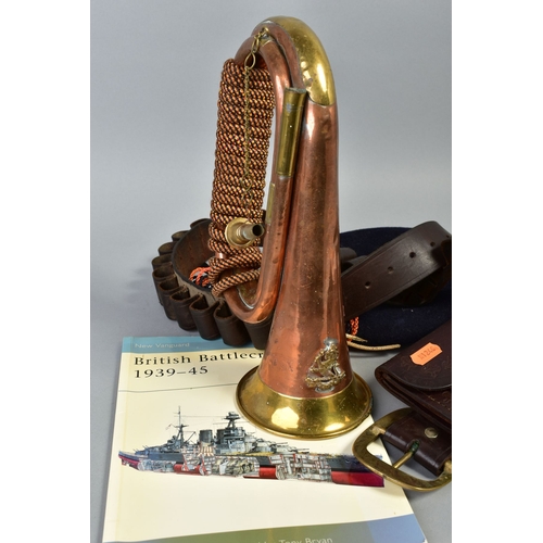 99 - A SELECTION OF ITEMS, to include a brass military bugle with blue, orange and yellow tassels, a croc... 