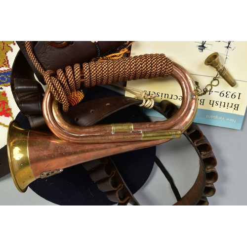 99 - A SELECTION OF ITEMS, to include a brass military bugle with blue, orange and yellow tassels, a croc... 