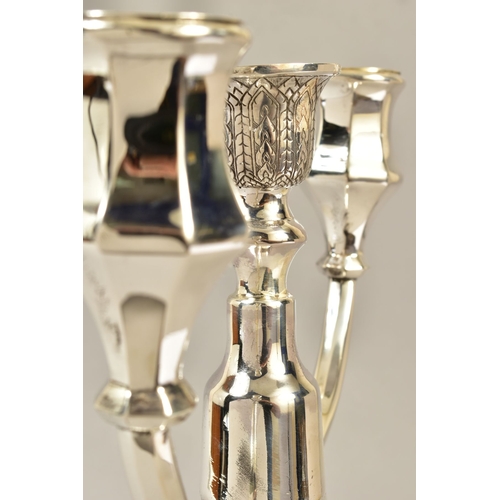 105 - A GEORGE VI SILVER CANDELABRUM, three branch with two shaped octagonal candleholders and an engraved... 