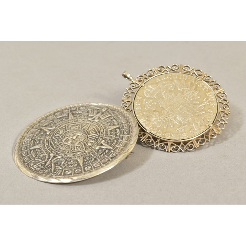 108 - A MEXICAN SILVER CIRCULAR BROOCH, embossed decoration, .925, diameter 6cm, together with a 1780 Mari... 