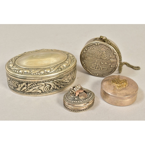 109 - FOUR VARIOUS WHITE METAL/SILVER BOXES, comprising an oval box with hinged lid, stamped 800 to the ba... 