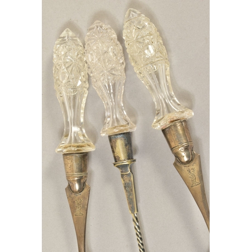 110 - A PAIR OF LATE VICTORIAN SILVER AND CUT GLASS HANDLED SALAD SERVERS, shell shaped bowls, engraved cr... 