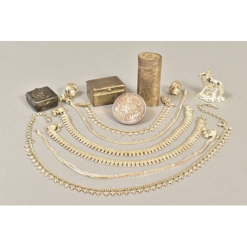 113 - A COLLECTION OF 20TH CENTURY INDIAN WHITE METAL JEWELLERY, PILL BOXES, etc including a circular meda... 